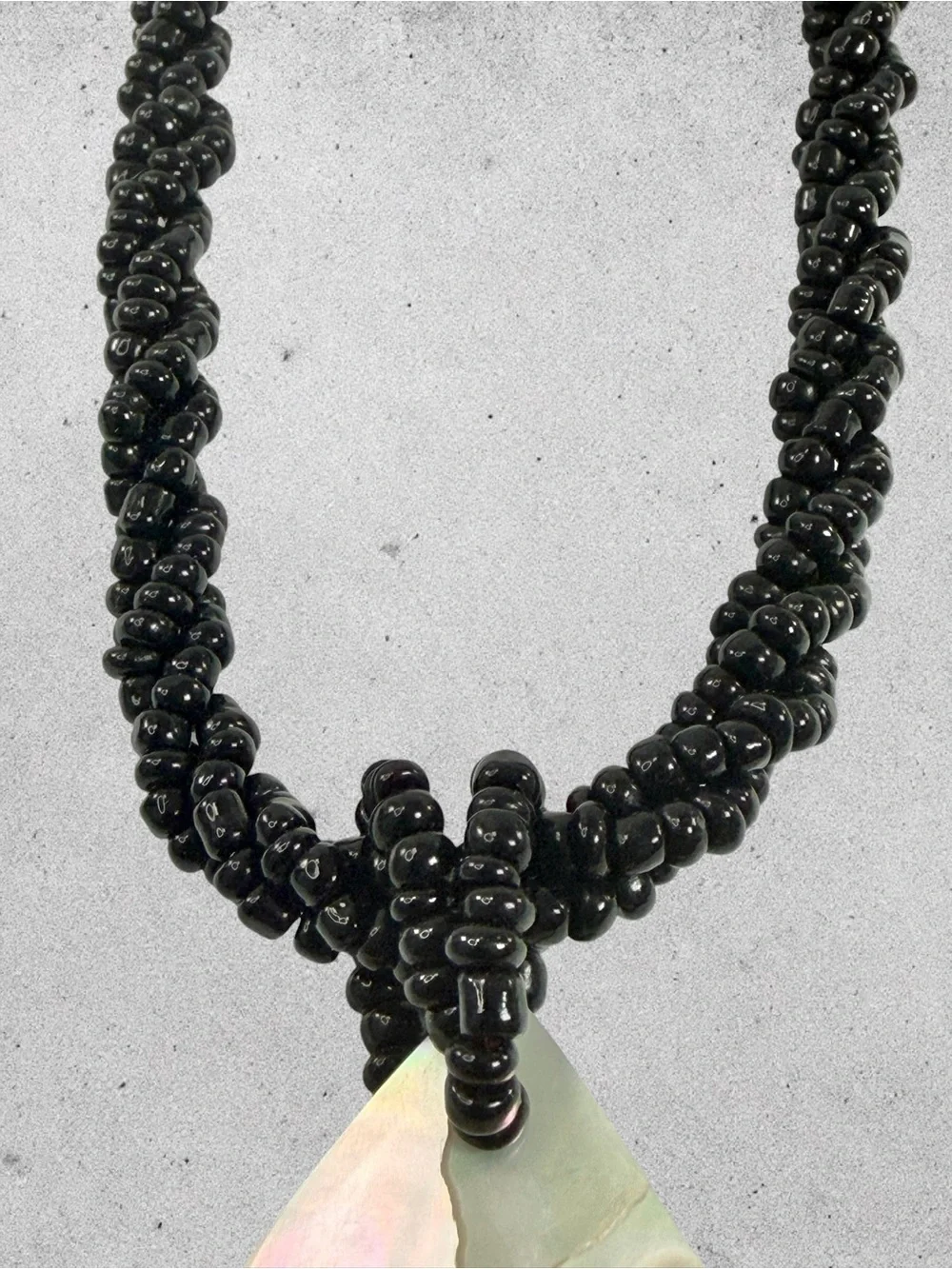 Boho Mother Of Pearl Abalone Teardrop Necklace Coconut Shell Black Seed Bead 16”